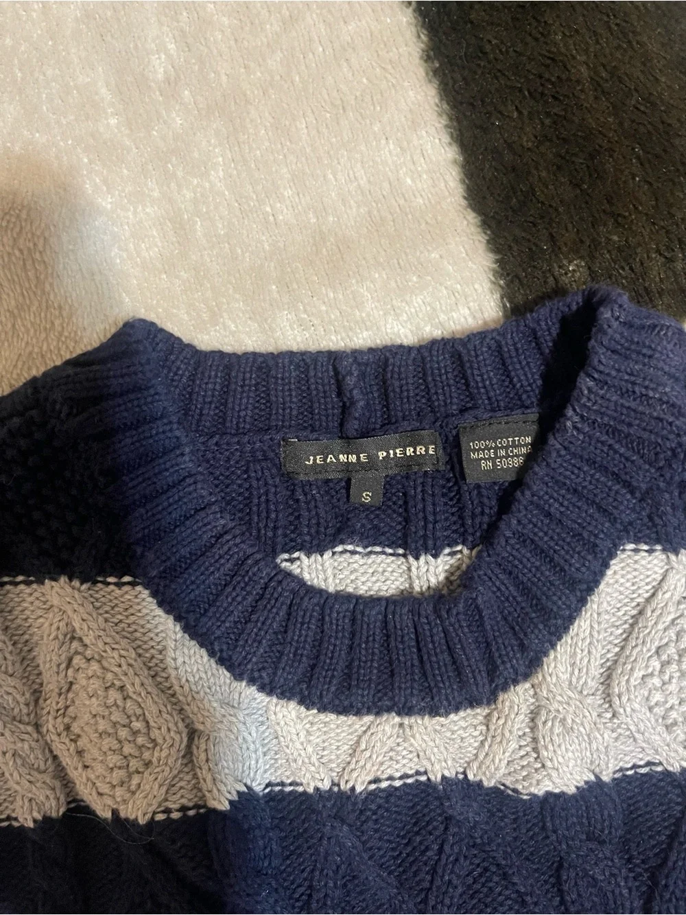 VNTG JEANNE PIERRE Navy & Light Grey Cable Knit Sweater with Shoulder Buttons